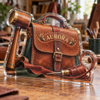 Artwork visualization: Leathercraft — beginner encouragement, personalized AURORA, subject-shaped acrylic with printed optical 3D depth; not carved relief.