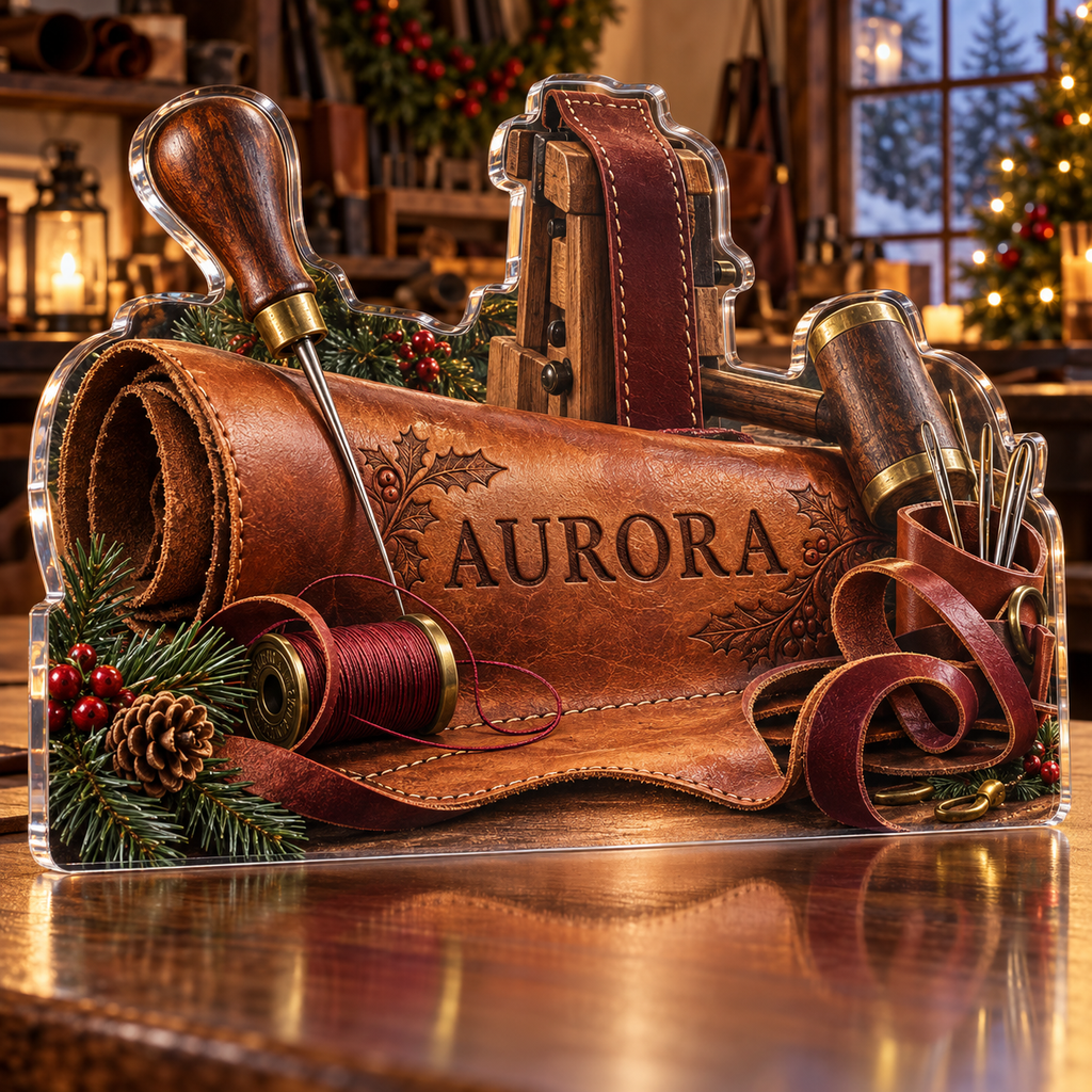 Artwork visualization: Leathercraft — mentor appreciation, personalized AURORA, subject-shaped acrylic with printed optical 3D depth; not carved relief.