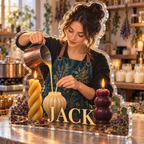 Artwork visualization: Candle making — studio wall identity, personalized JACK, subject-shaped acrylic with printed optical 3D depth; not carved relief.