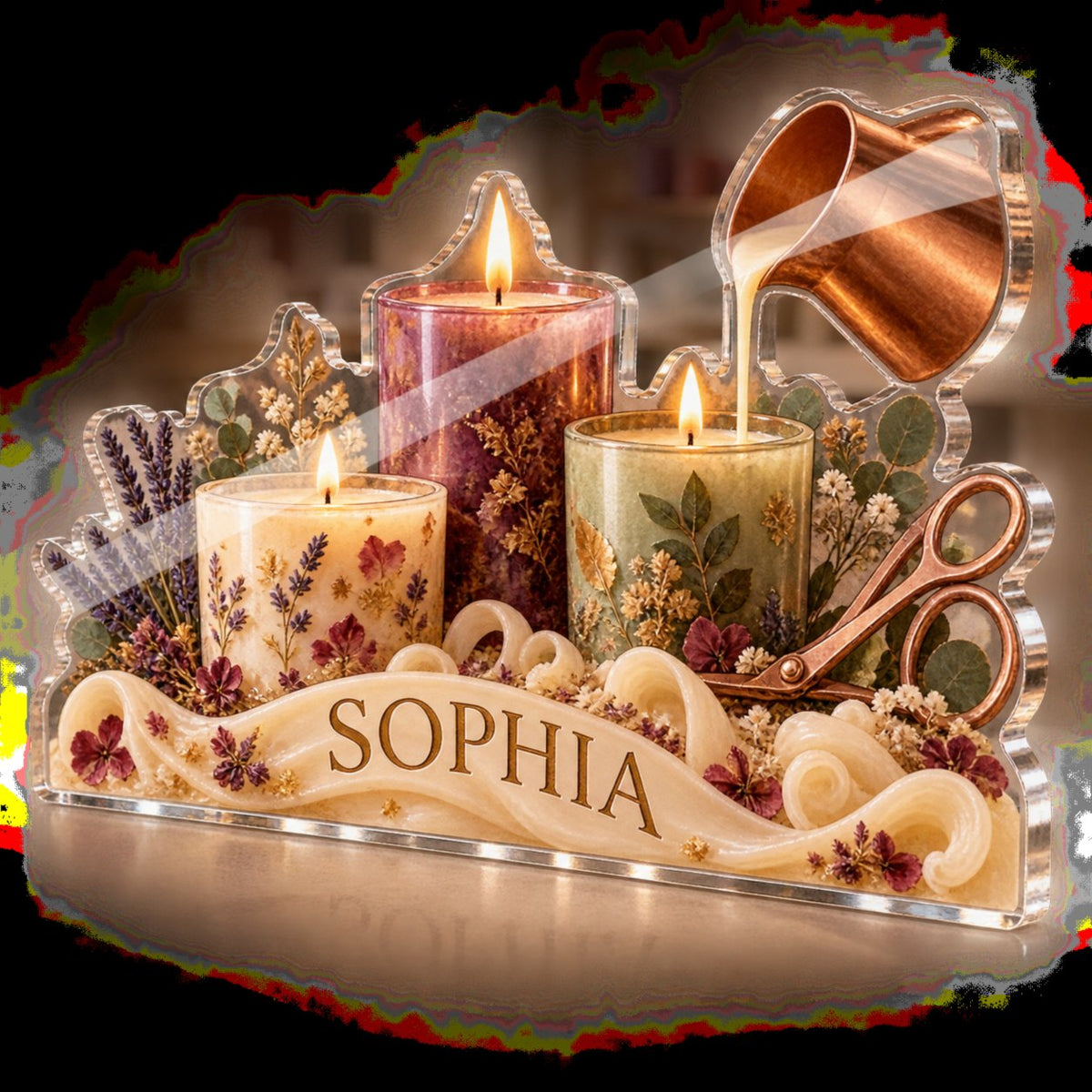 Personalized Candle Making Creative Desk Setup custom shape acrylic plaque with an example name set into the artwork, digital preview
