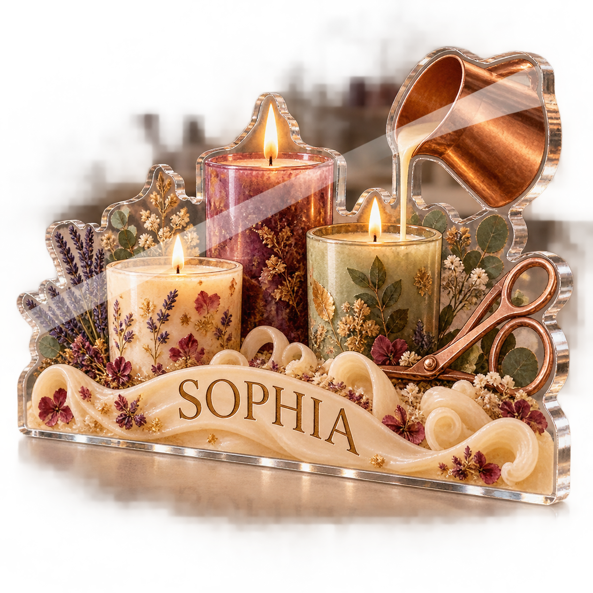 Artwork visualization: Candle making — creative desk setup, personalized SOPHIA, subject-shaped acrylic with printed optical 3D depth; not carved relief.