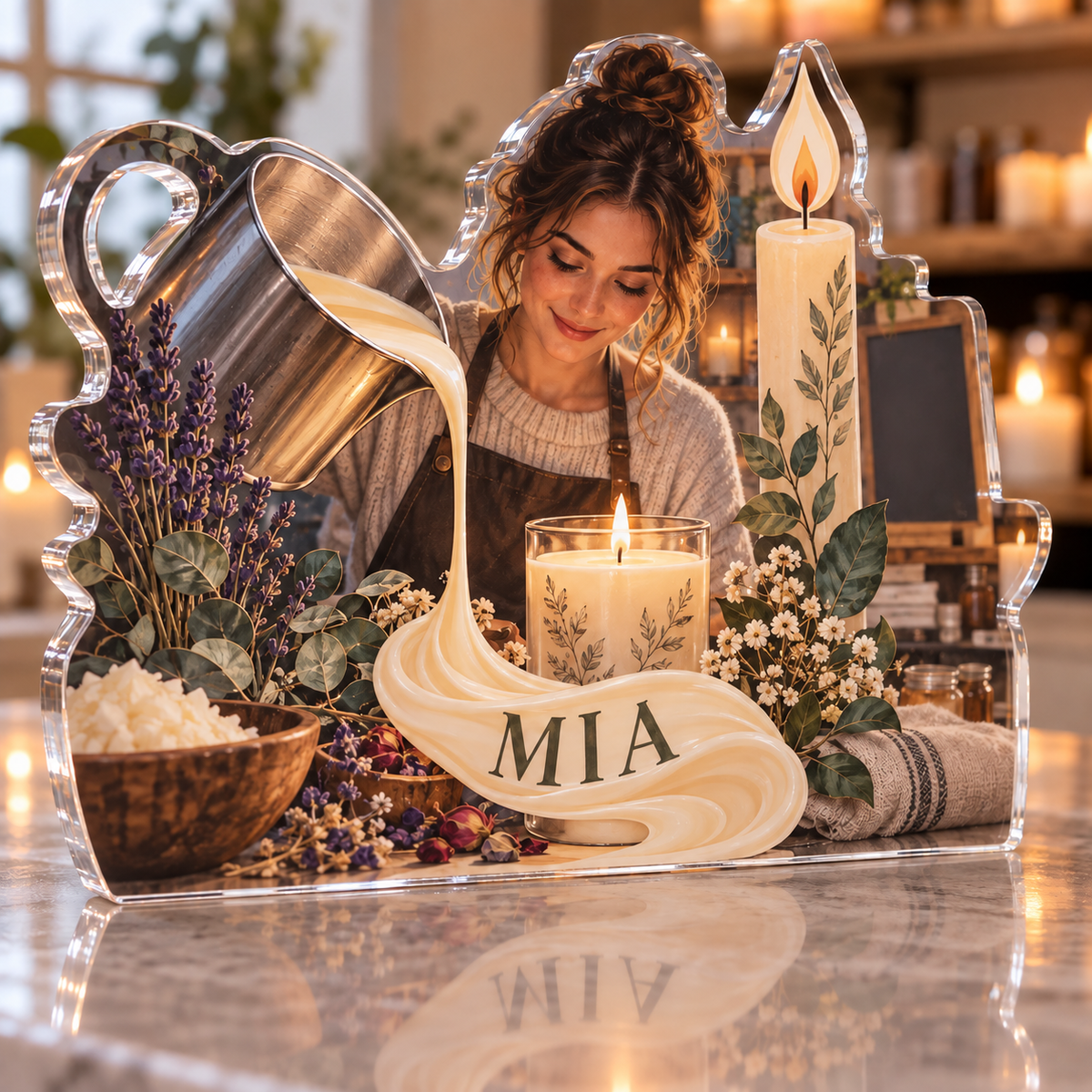 Artwork visualization: Candle making — beginner encouragement, personalized MIA, subject-shaped acrylic with printed optical 3D depth; not carved relief.