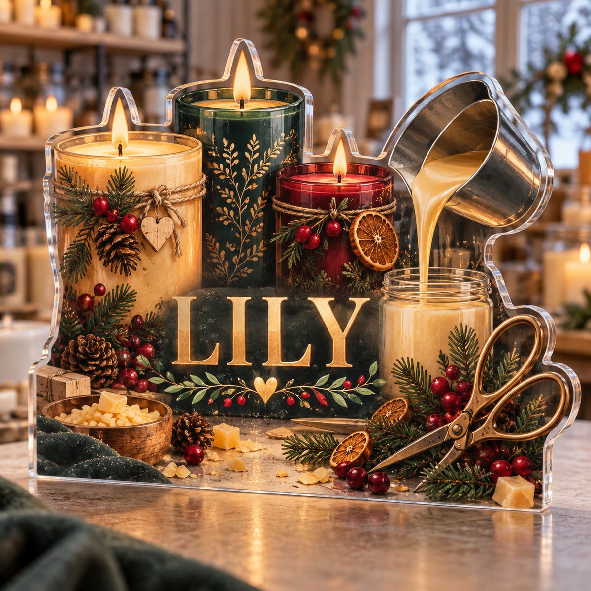 Artwork visualization: Candle making — mentor appreciation, personalized LILY, subject-shaped acrylic with printed optical 3D depth; not carved relief.