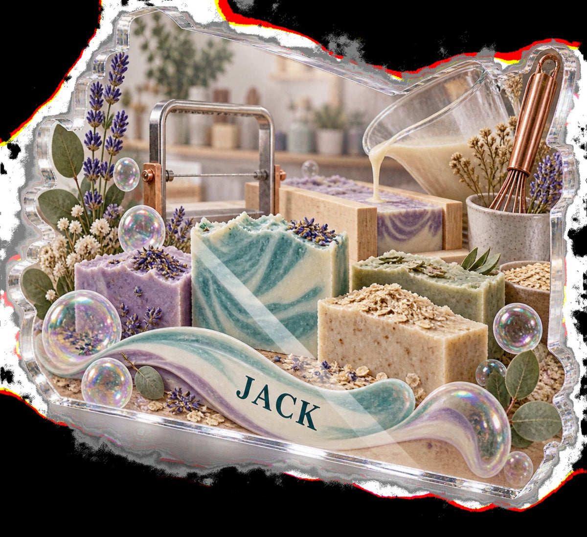 Personalized Soap Making Creative Desk Setup custom shape acrylic plaque with an example name set into the artwork, digital preview