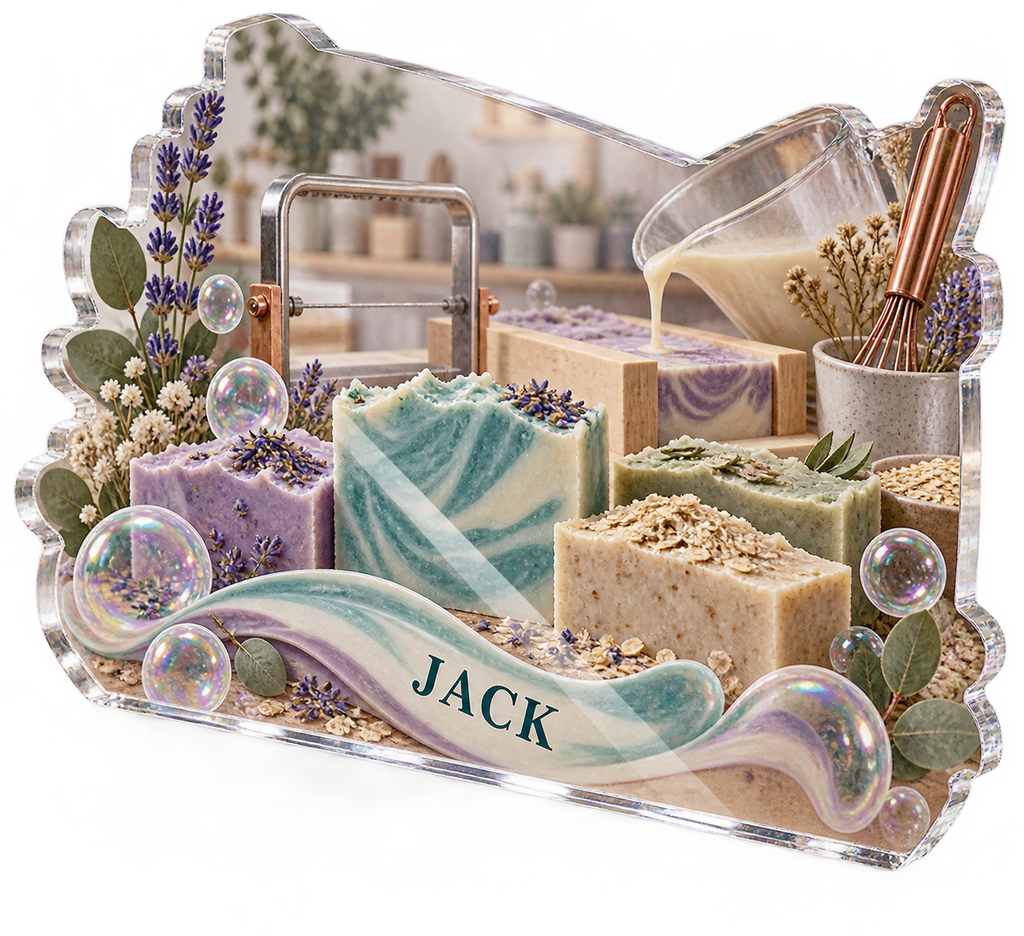 Artwork visualization: Soap making — creative desk setup, personalized JACK, subject-shaped acrylic with printed optical 3D depth; not carved relief.