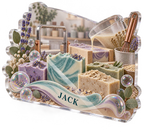 Artwork visualization: Soap making — creative desk setup, personalized JACK, subject-shaped acrylic with printed optical 3D depth; not carved relief.