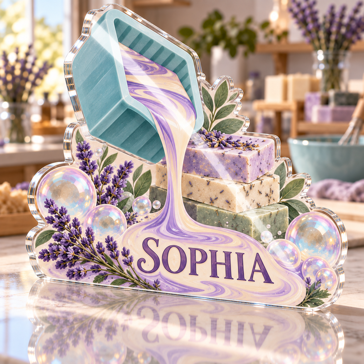 Artwork visualization: Soap making — beginner encouragement, personalized SOPHIA, subject-shaped acrylic with printed optical 3D depth; not carved relief.
