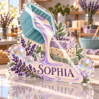 Artwork visualization: Soap making — beginner encouragement, personalized SOPHIA, subject-shaped acrylic with printed optical 3D depth; not carved relief.