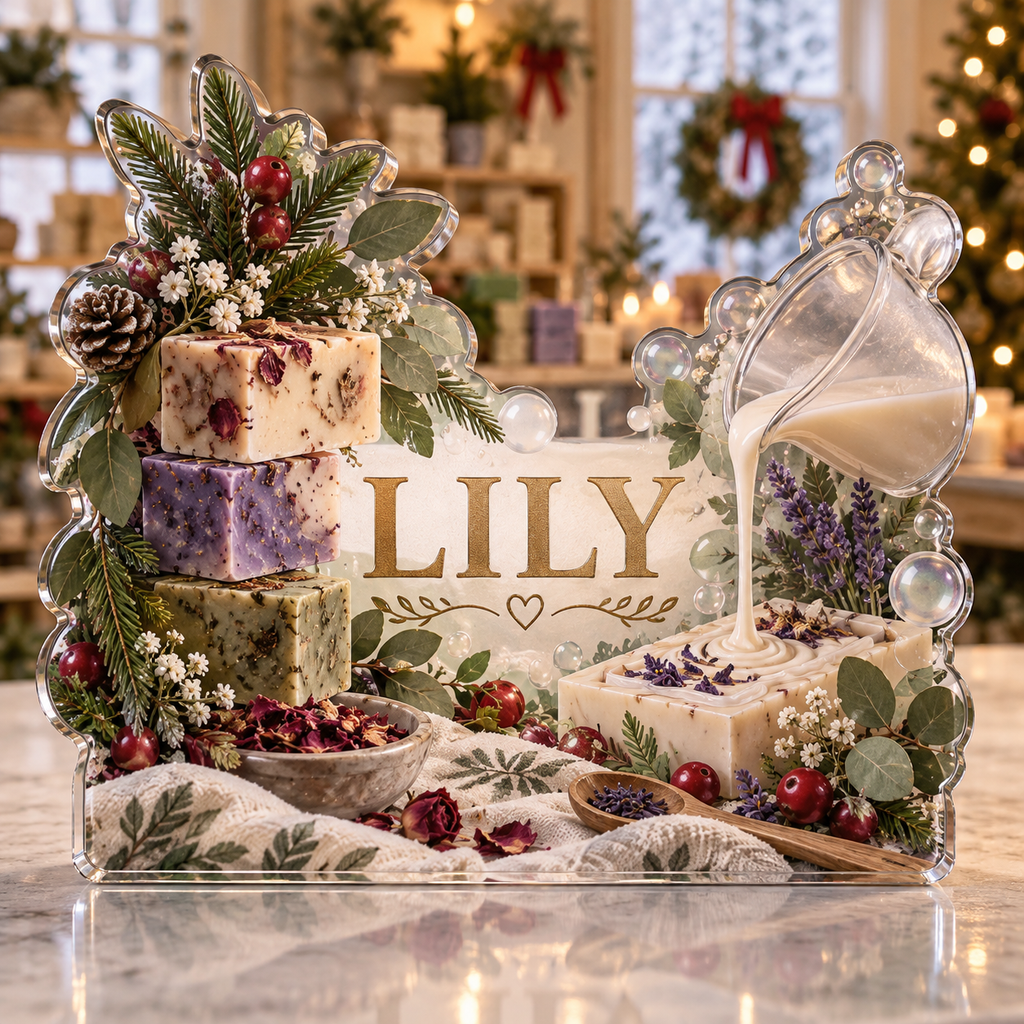 Artwork visualization: Soap making — mentor appreciation, personalized LILY, subject-shaped acrylic with printed optical 3D depth; not carved relief.