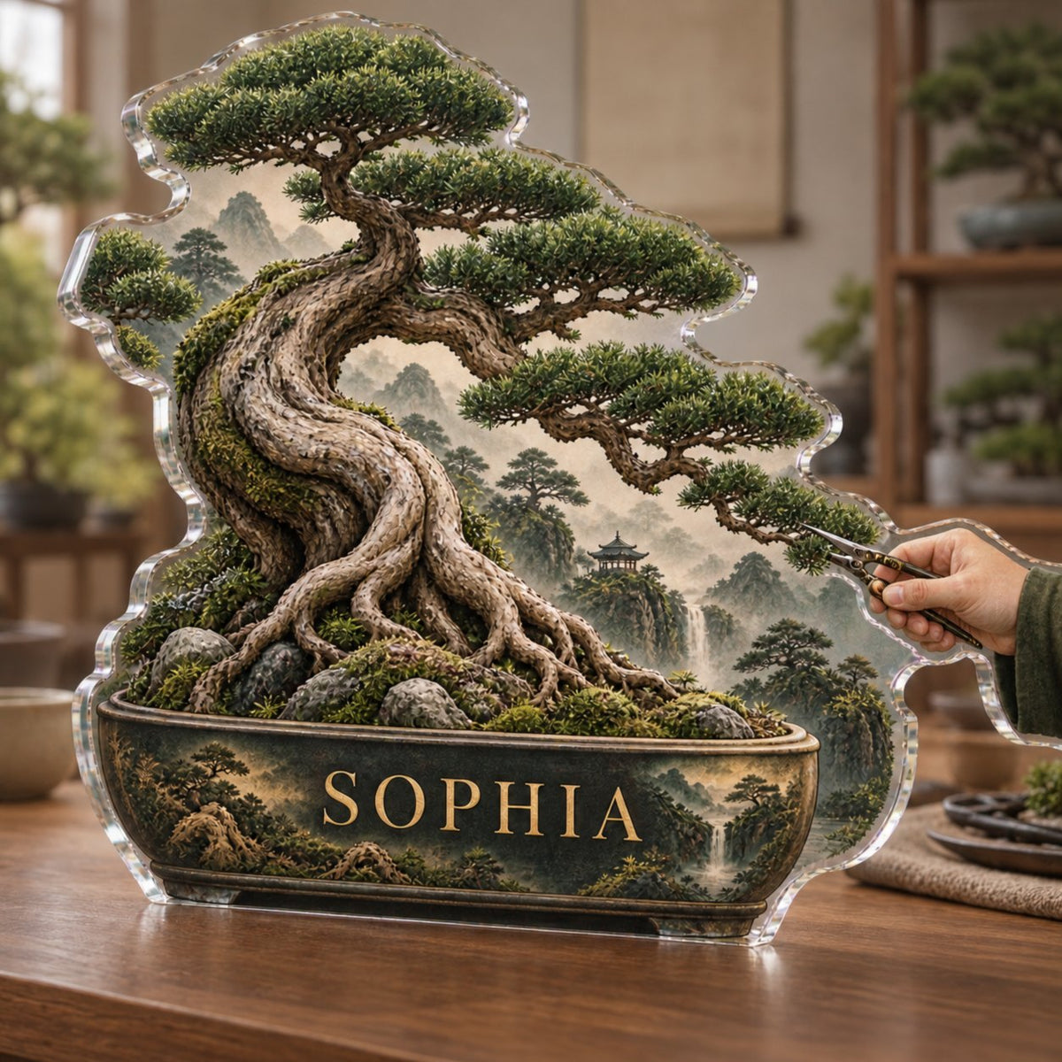 Personalized Bonsai Studio Wall Identity custom shape acrylic plaque with an example name set into the artwork, digital preview