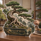 Artwork visualization: Bonsai — studio wall identity, personalized SOPHIA, subject-shaped acrylic with printed optical 3D depth; not carved relief.
