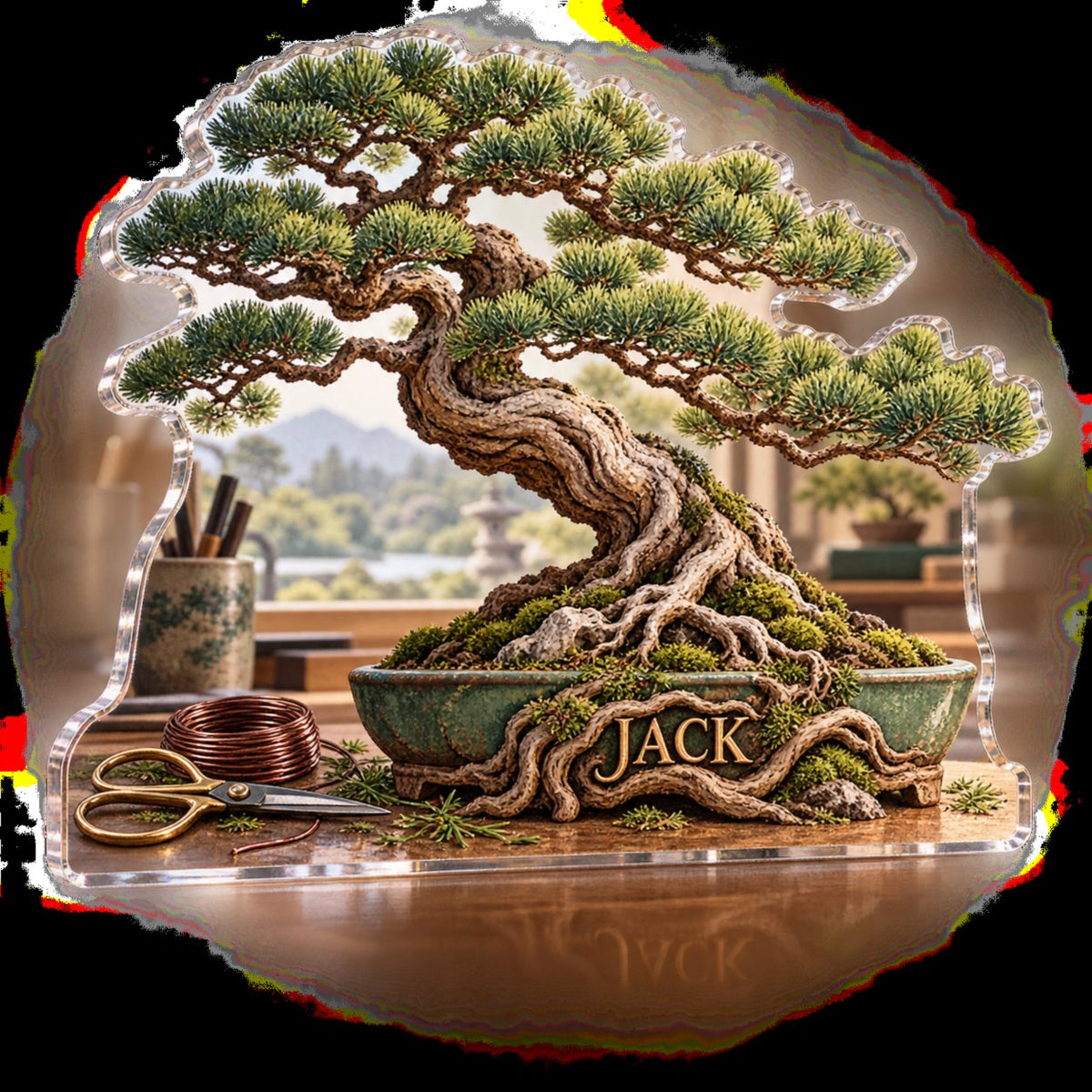 Personalized Bonsai Creative Desk Setup custom shape acrylic plaque with an example name set into the artwork, digital preview