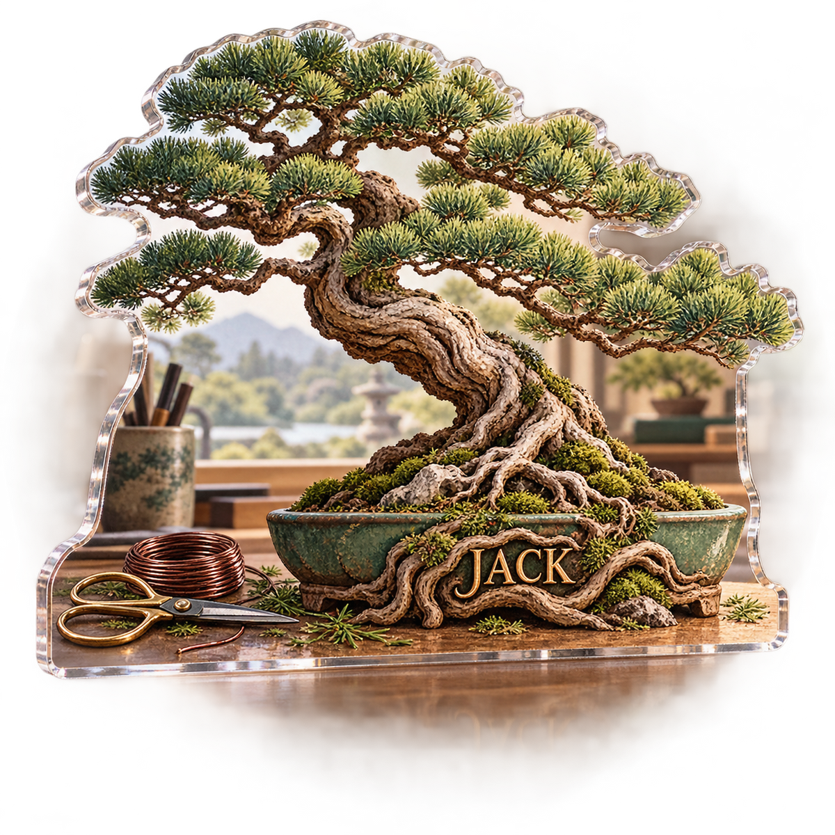 Artwork visualization: Bonsai — creative desk setup, personalized JACK, subject-shaped acrylic with printed optical 3D depth; not carved relief.