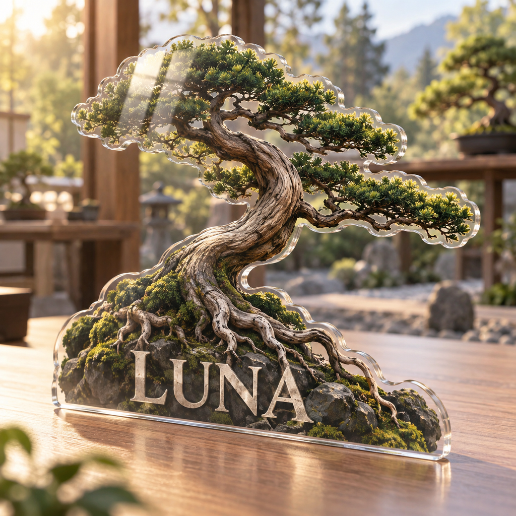 Artwork visualization: Bonsai — beginner encouragement, personalized LUNA, subject-shaped acrylic with printed optical 3D depth; not carved relief.