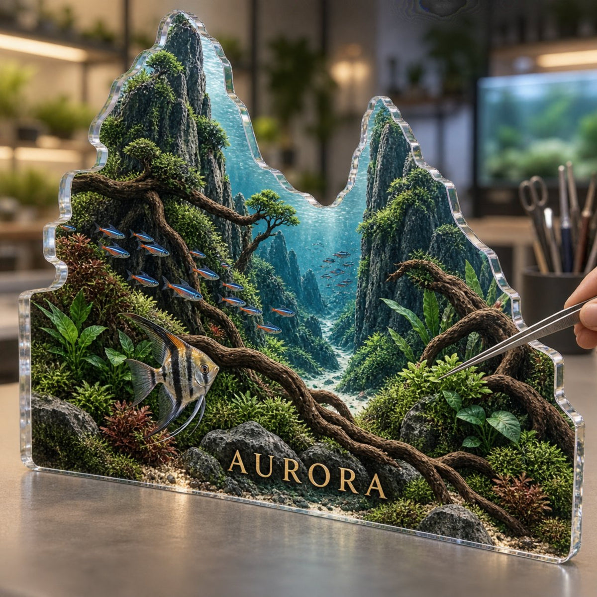 Personalized Aquascaping Studio Wall Identity custom shape acrylic plaque with an example name set into the artwork, digital preview