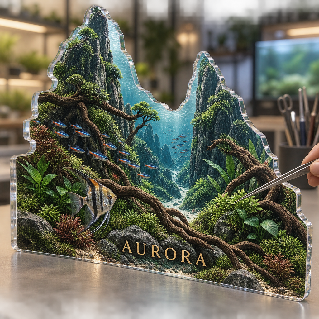 Artwork visualization: Aquascaping — studio wall identity, personalized AURORA, subject-shaped acrylic with printed optical 3D depth; not carved relief.
