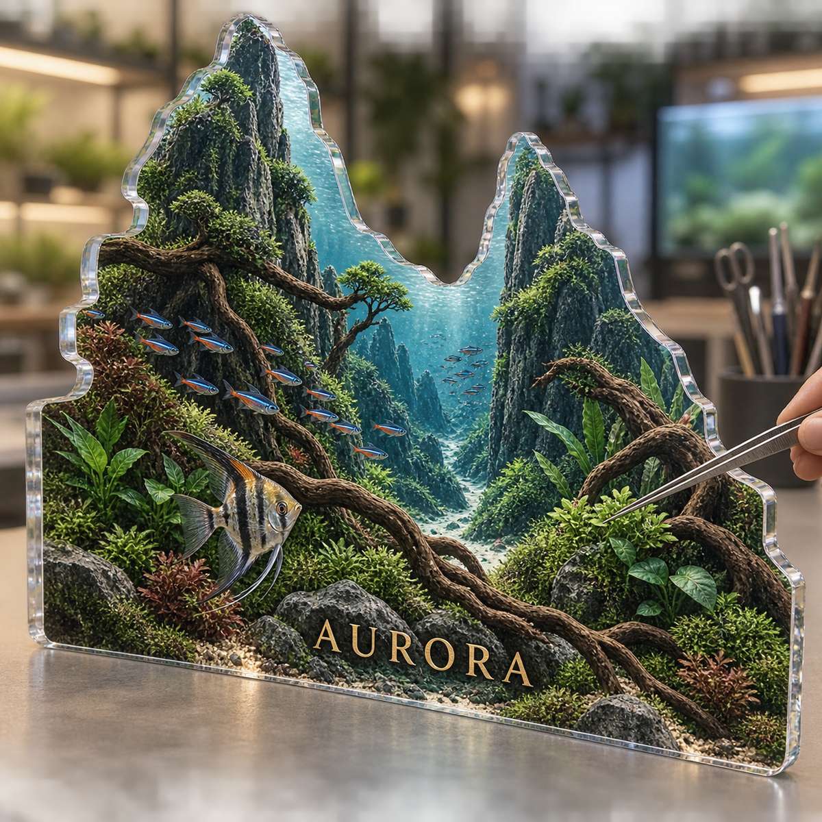 Artwork visualization: Aquascaping — studio wall identity, personalized AURORA, subject-shaped acrylic with printed optical 3D depth; not carved relief.