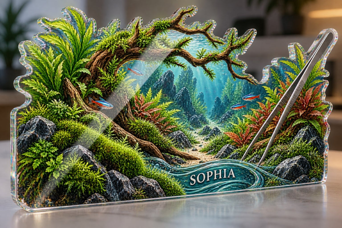 Personalized Aquascaping Creative Desk Setup custom shape acrylic plaque with an example name set into the artwork, digital preview