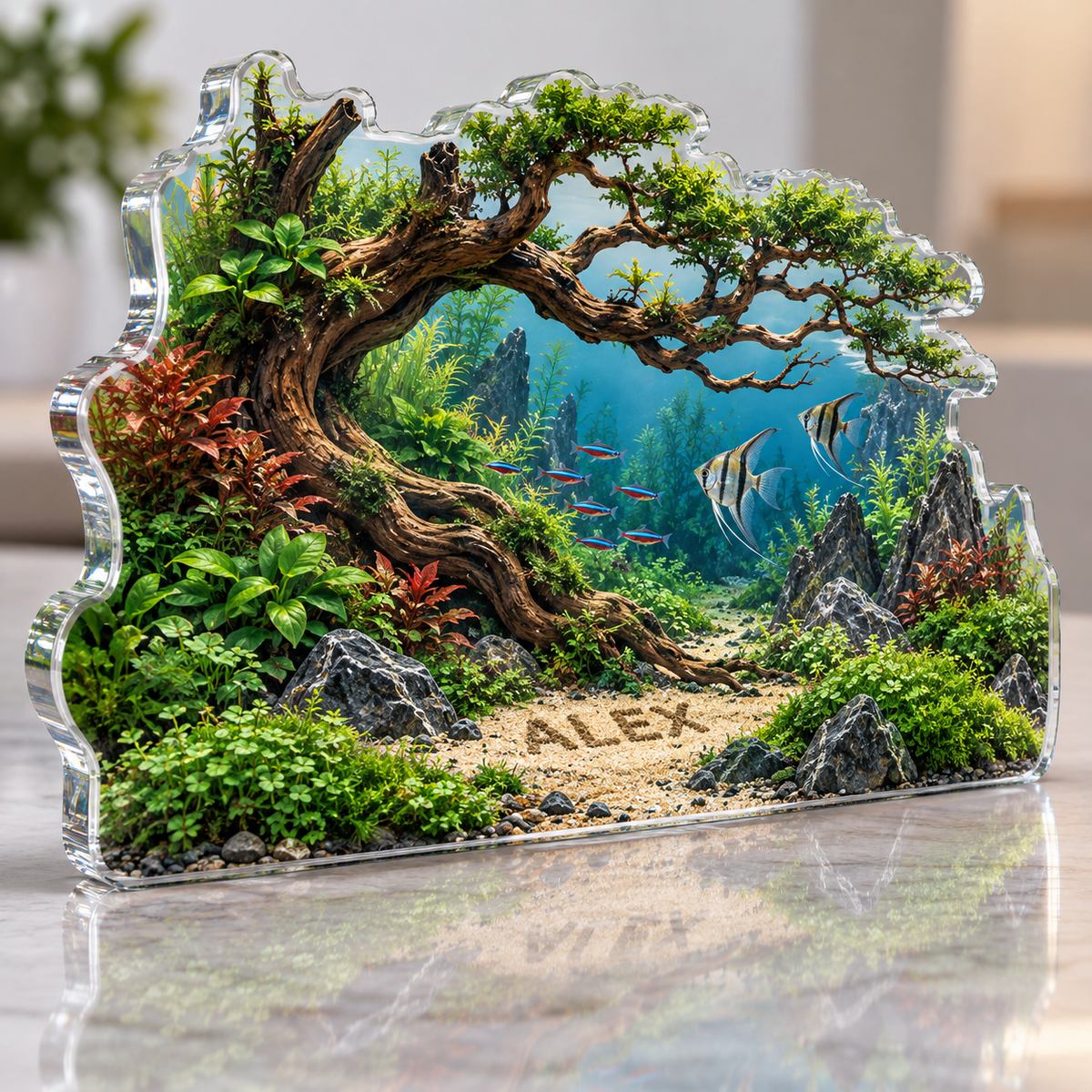 Artwork visualization: Aquascaping — beginner encouragement, personalized ALEX, subject-shaped acrylic with printed optical 3D depth; not carved relief.
