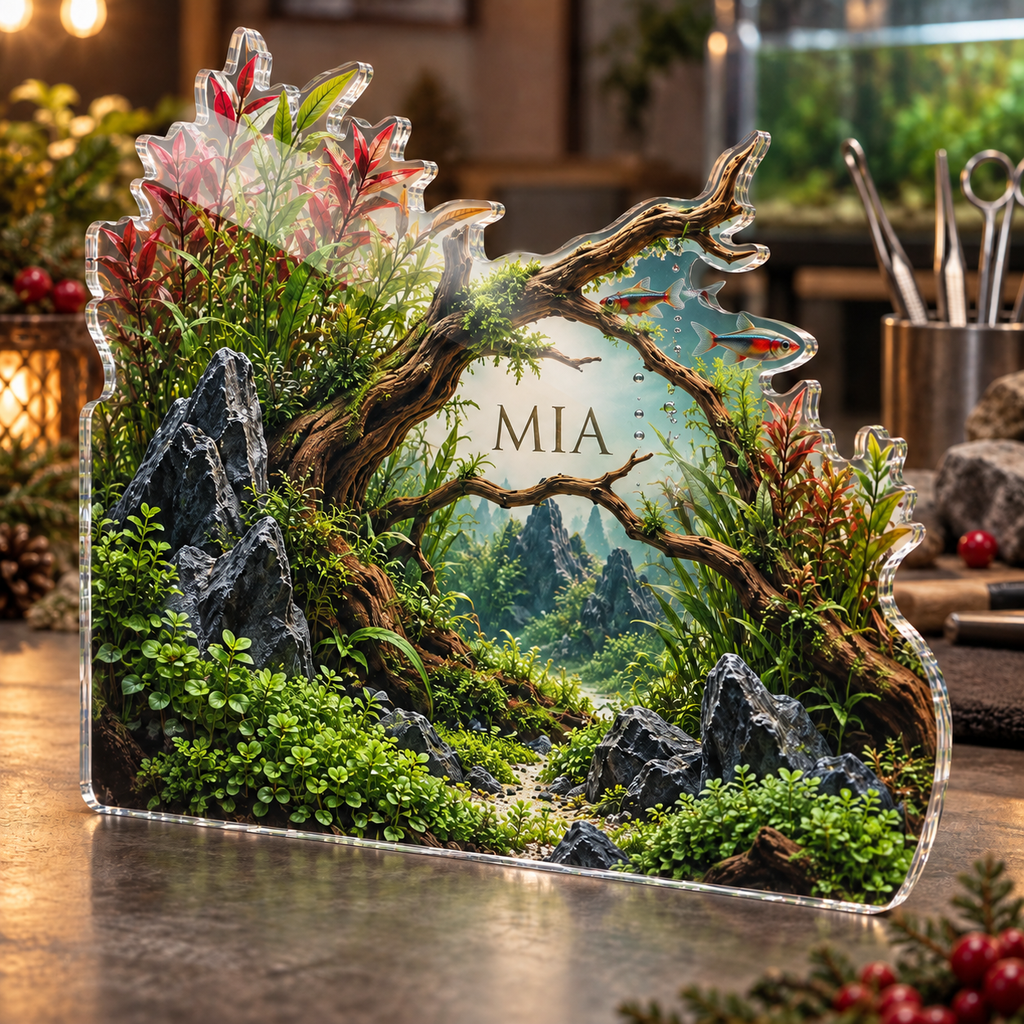 Artwork visualization: Aquascaping — mentor appreciation, personalized MIA, subject-shaped acrylic with printed optical 3D depth; not carved relief.