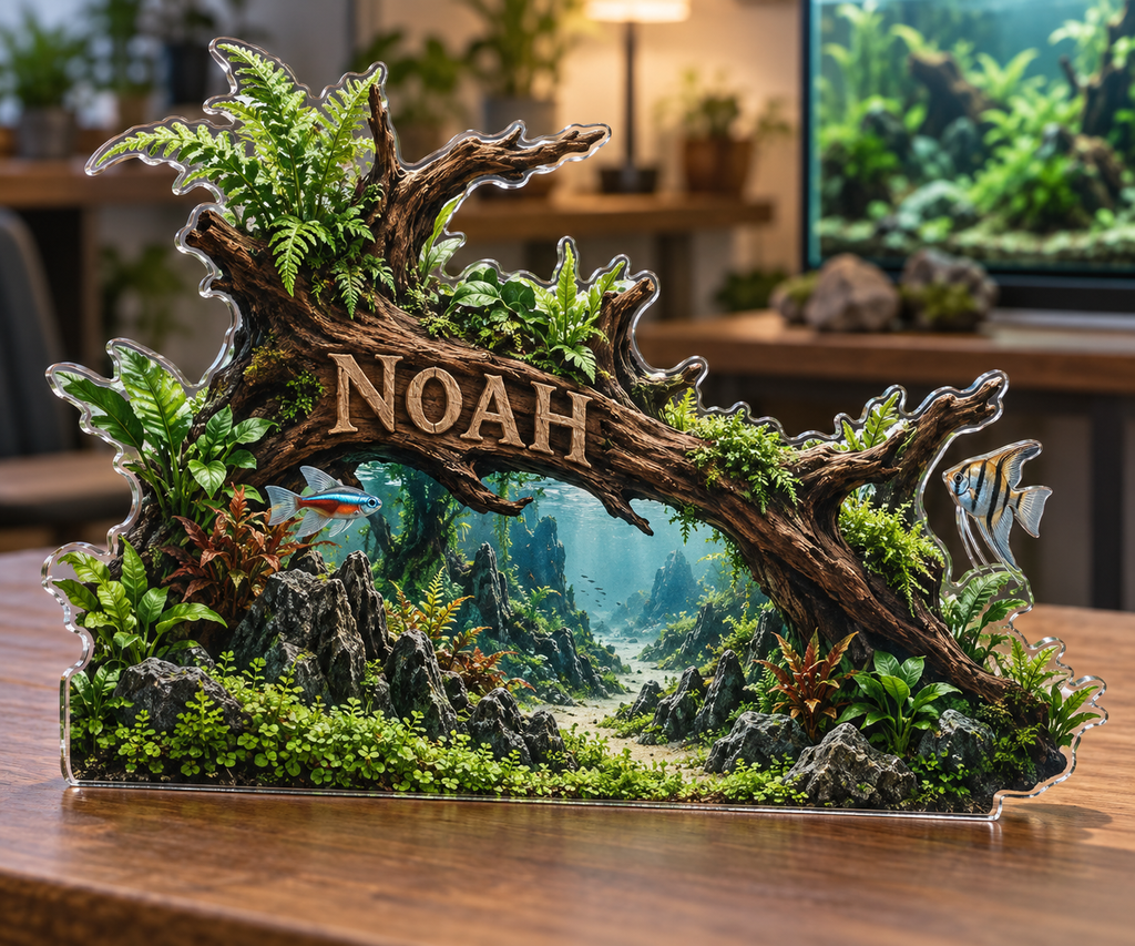 Artwork visualization: Aquascaping — retirement hobby gift, personalized NOAH, subject-shaped acrylic with printed optical 3D depth; not carved relief.