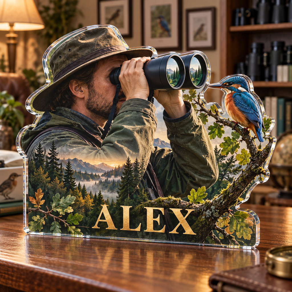 Artwork visualization: Birdwatching — studio wall identity, personalized ALEX, subject-shaped acrylic with printed optical 3D depth; not carved relief.