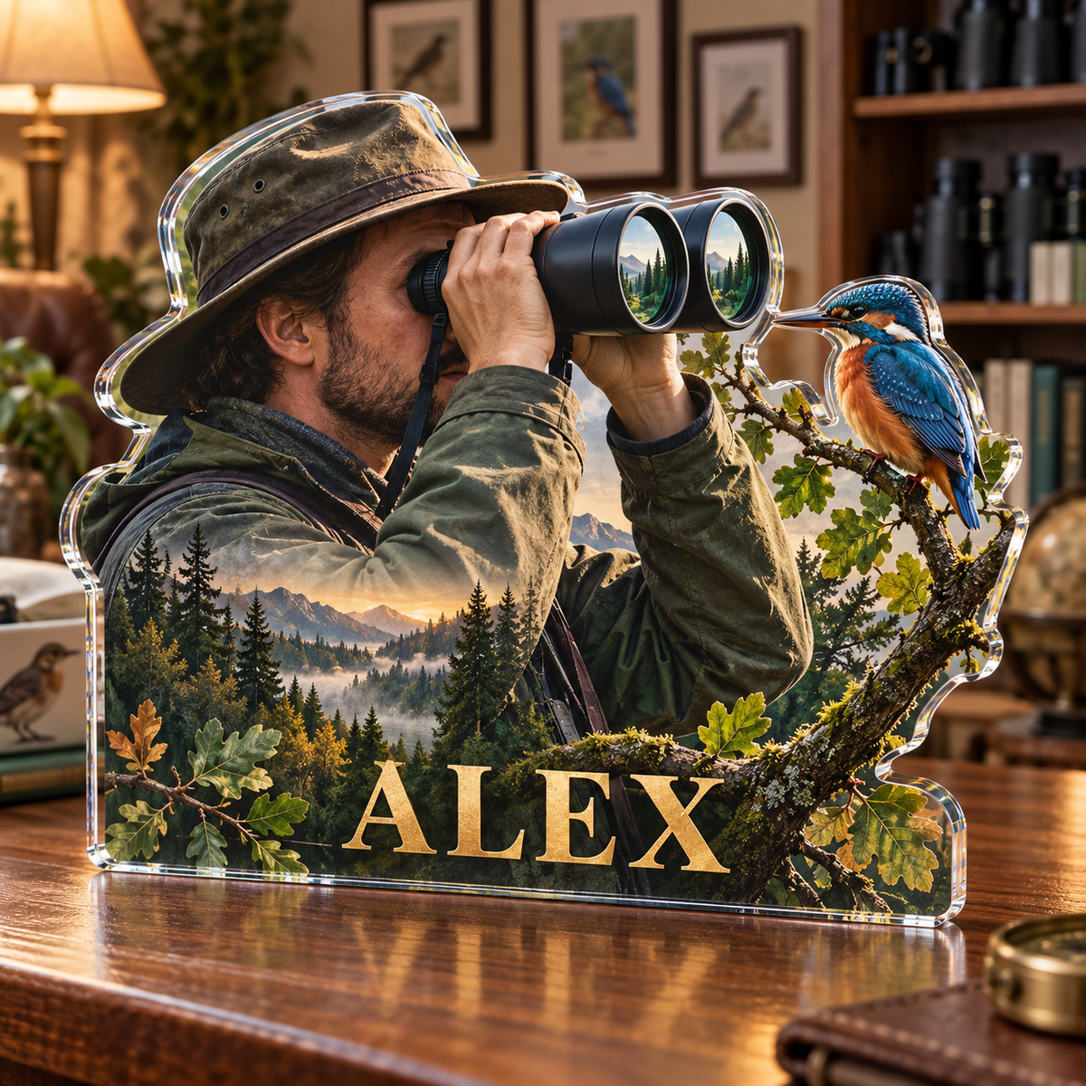 Artwork visualization: Birdwatching — studio wall identity, personalized ALEX, subject-shaped acrylic with printed optical 3D depth; not carved relief.