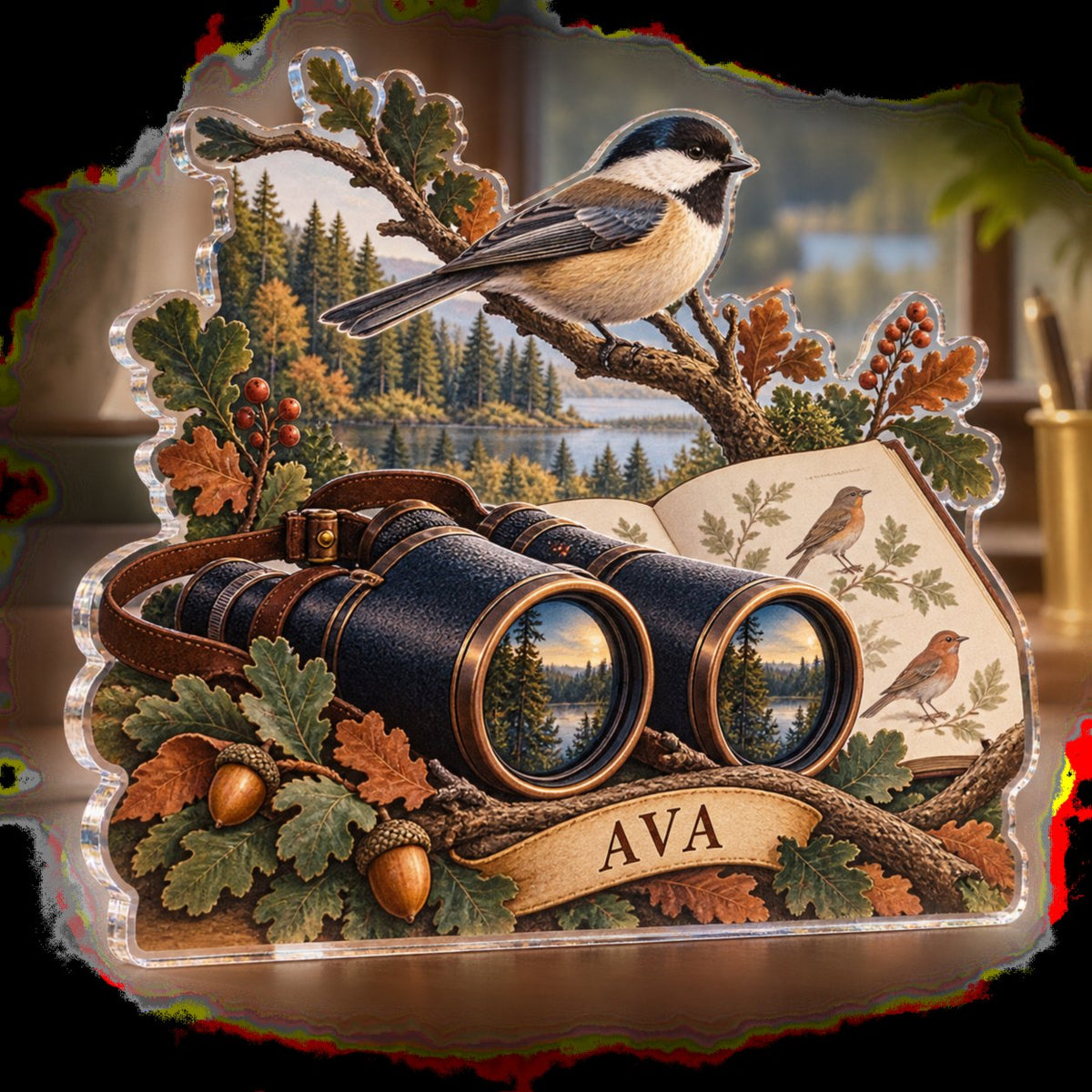 Personalized Birdwatching Creative Desk Setup custom shape acrylic plaque with an example name set into the artwork, digital preview