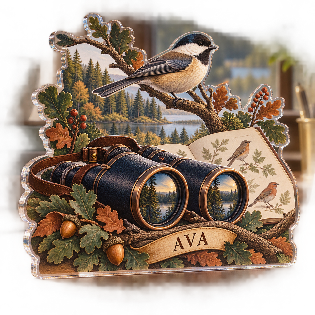 Artwork visualization: Birdwatching — creative desk setup, personalized AVA, subject-shaped acrylic with printed optical 3D depth; not carved relief.