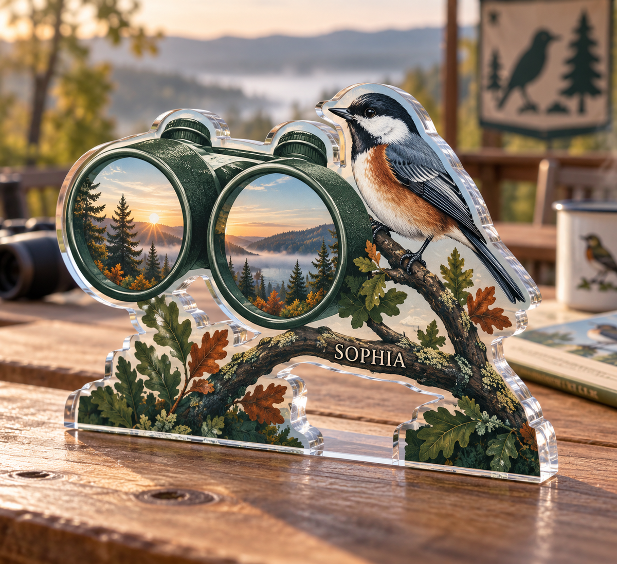 Artwork visualization: Birdwatching — club gathering keepsake, personalized SOPHIA, subject-shaped acrylic with printed optical 3D depth; not carved relief.