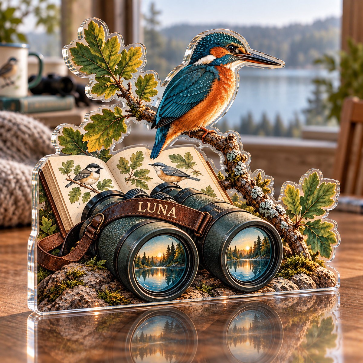 Artwork visualization: Birdwatching — beginner encouragement, personalized LUNA, subject-shaped acrylic with printed optical 3D depth; not carved relief.