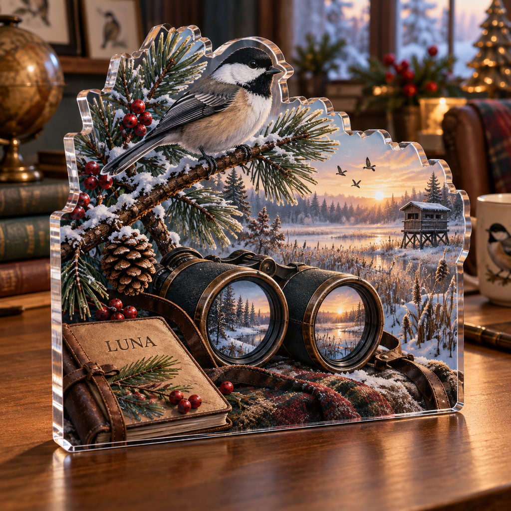Artwork visualization: Birdwatching — mentor appreciation, personalized LUNA, subject-shaped acrylic with printed optical 3D depth; not carved relief.