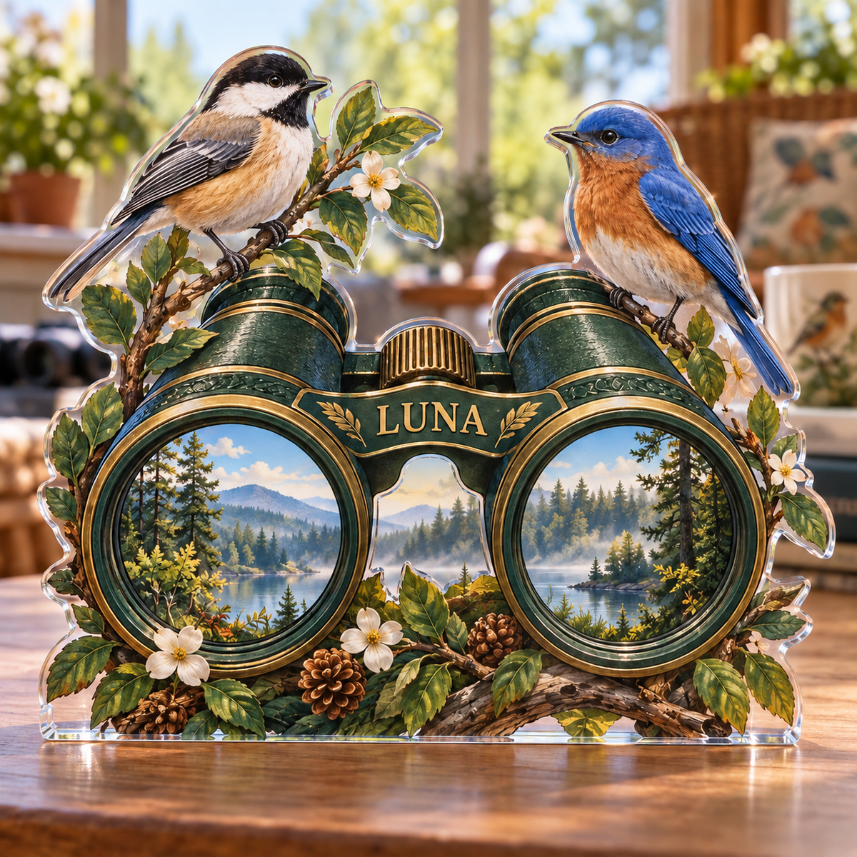 Artwork visualization: Birdwatching — retirement hobby gift, personalized LUNA, subject-shaped acrylic with printed optical 3D depth; not carved relief.