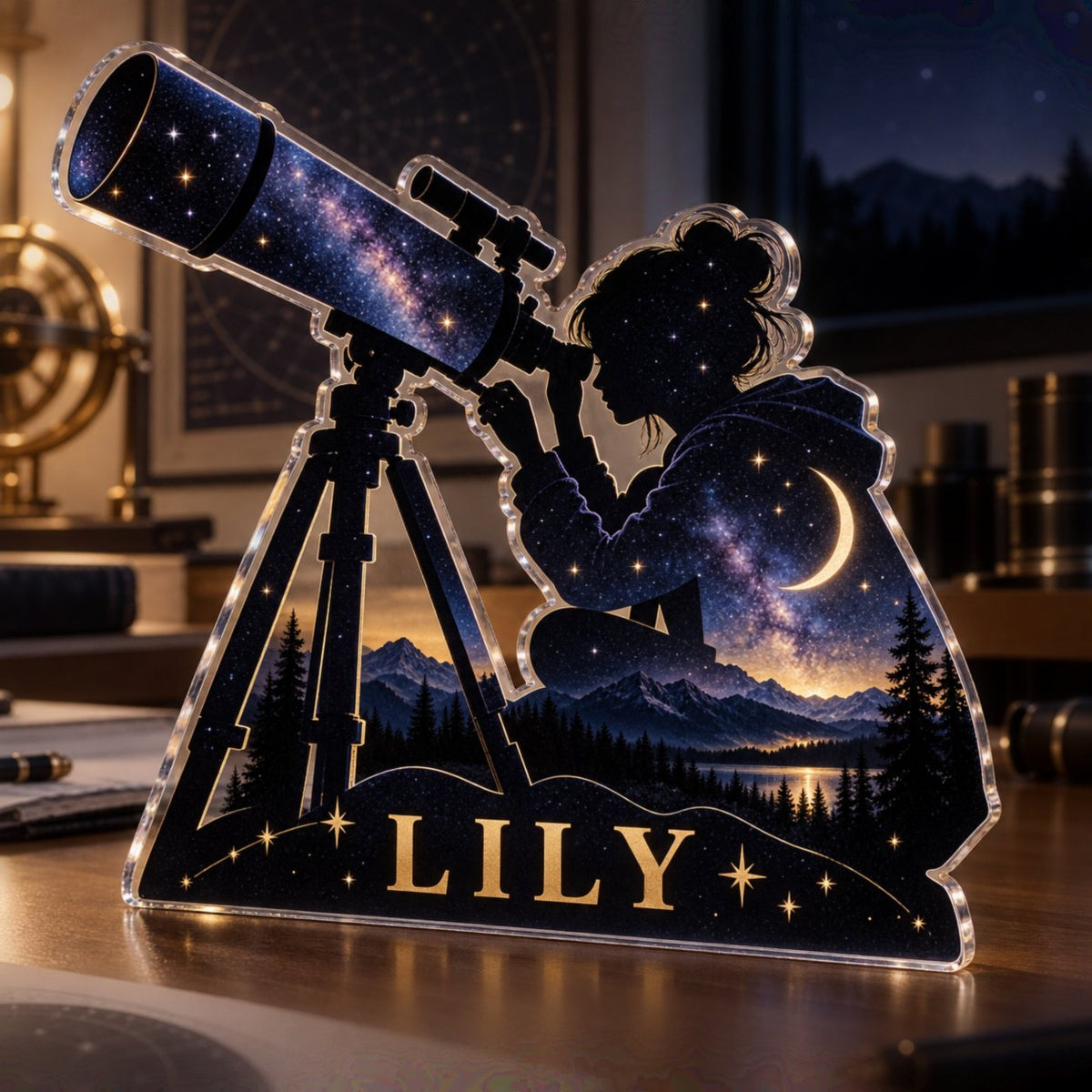 Personalized Stargazing Studio Wall Identity custom shape acrylic plaque with an example name set into the artwork, digital preview