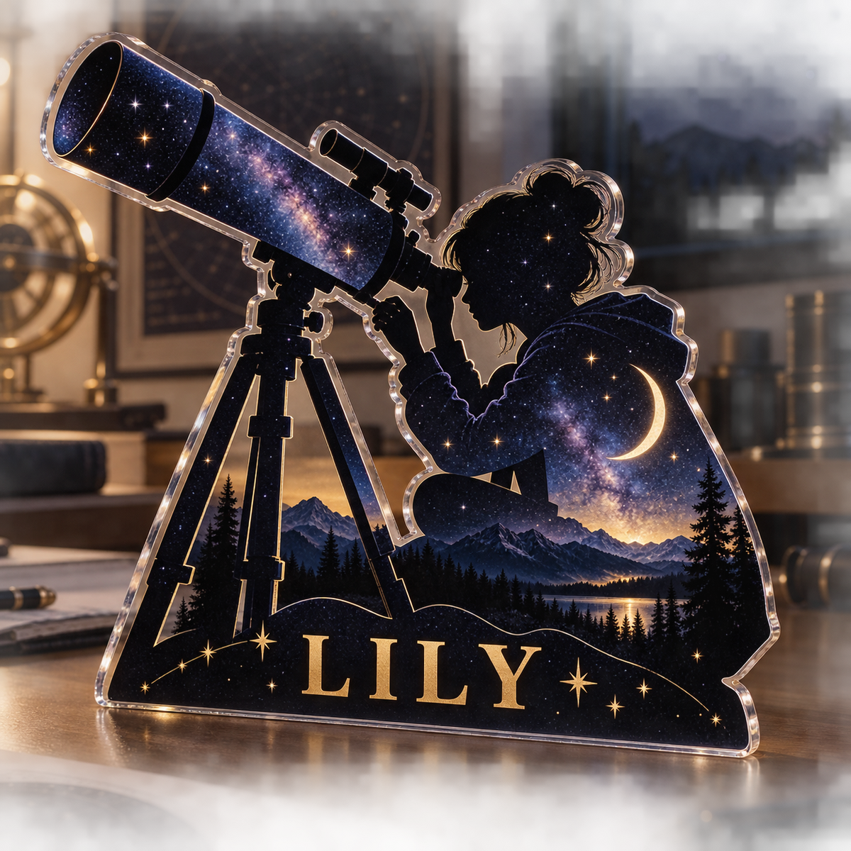 Artwork visualization: Stargazing — studio wall identity, personalized LILY, subject-shaped acrylic with printed optical 3D depth; not carved relief.