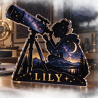 Artwork visualization: Stargazing — studio wall identity, personalized LILY, subject-shaped acrylic with printed optical 3D depth; not carved relief.