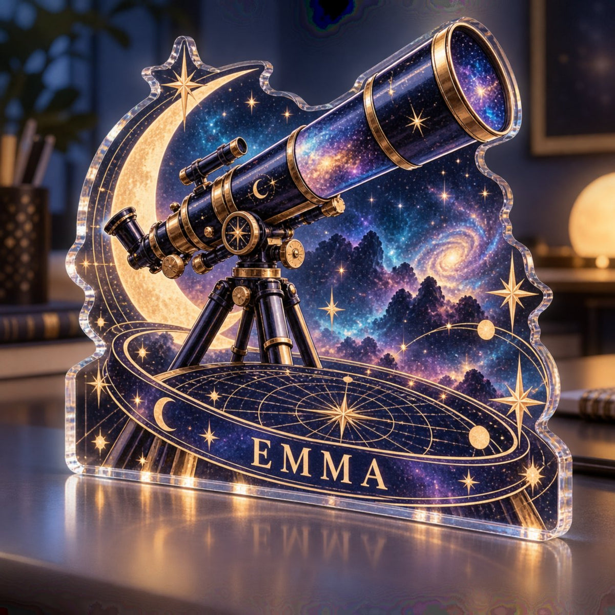 Personalized Stargazing Creative Desk Setup custom shape acrylic plaque with an example name set into the artwork, digital preview