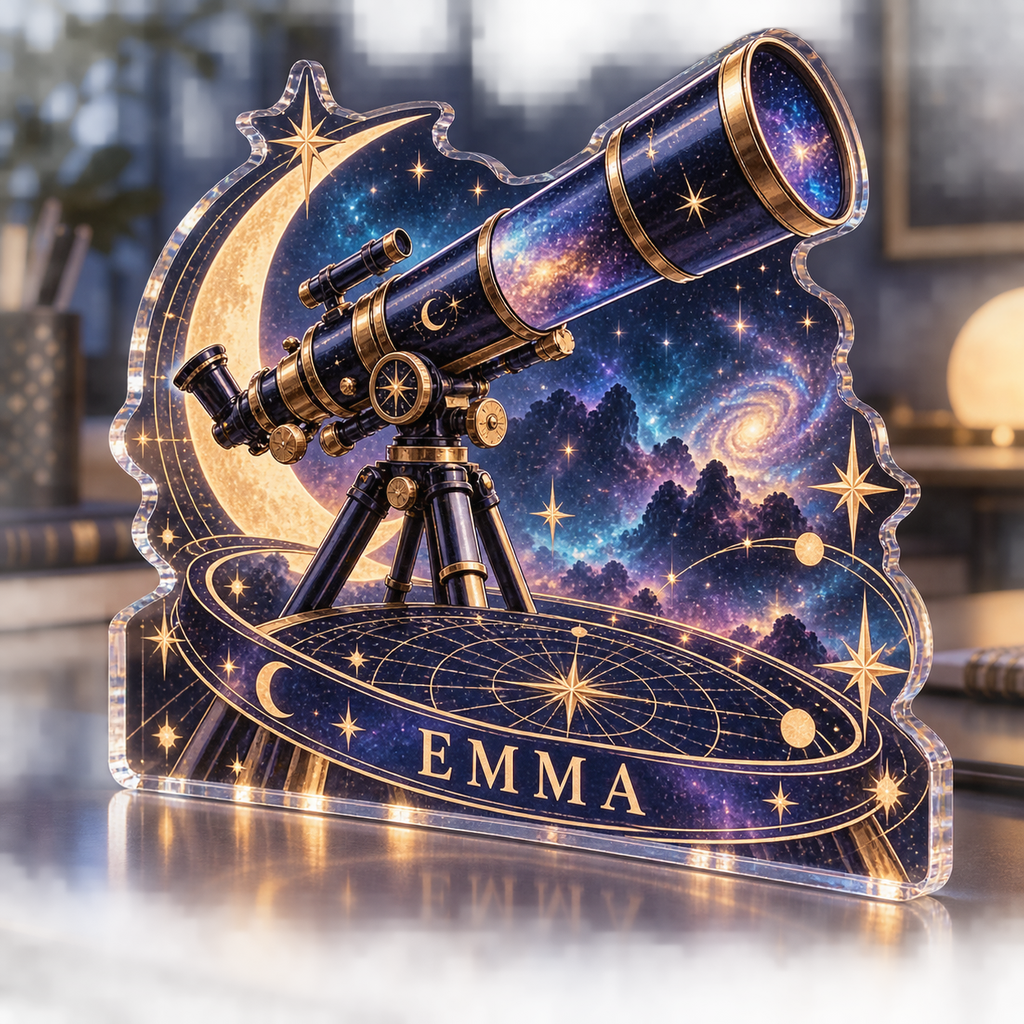 Artwork visualization: Stargazing — creative desk setup, personalized EMMA, subject-shaped acrylic with printed optical 3D depth; not carved relief.