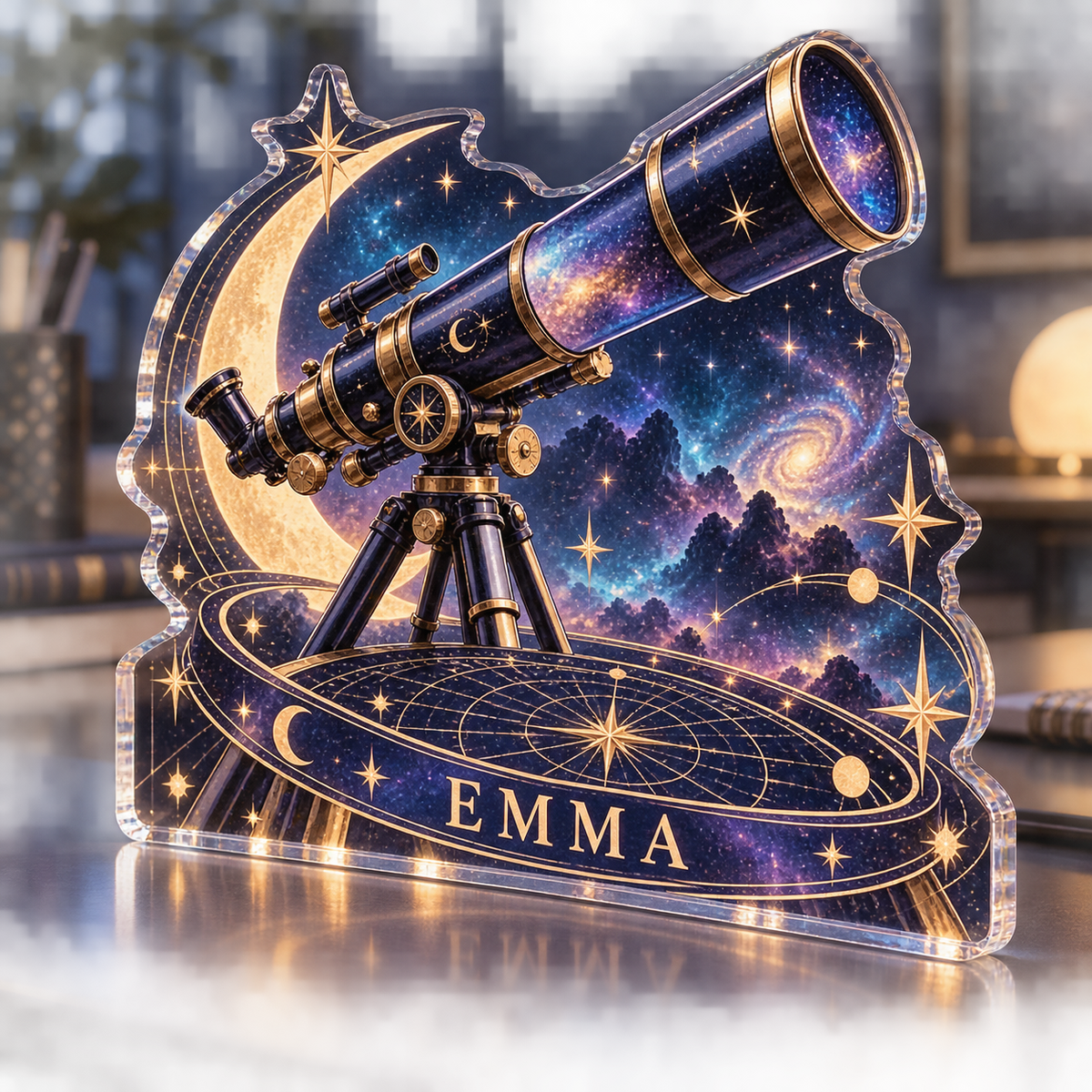 Artwork visualization: Stargazing — creative desk setup, personalized EMMA, subject-shaped acrylic with printed optical 3D depth; not carved relief.