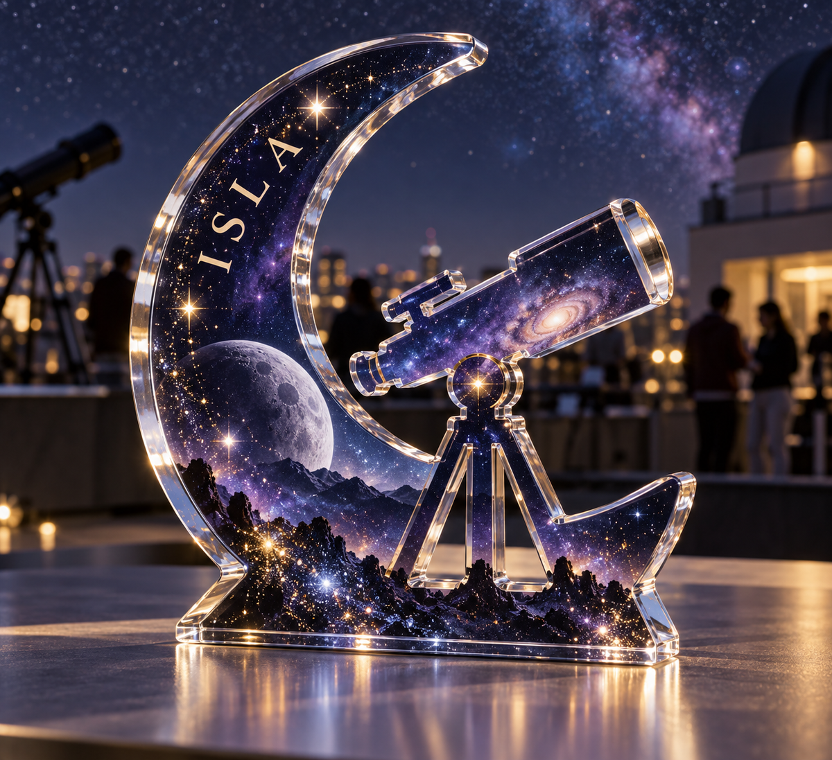 Artwork visualization: Stargazing — club gathering keepsake, personalized ISLA, subject-shaped acrylic with printed optical 3D depth; not carved relief.