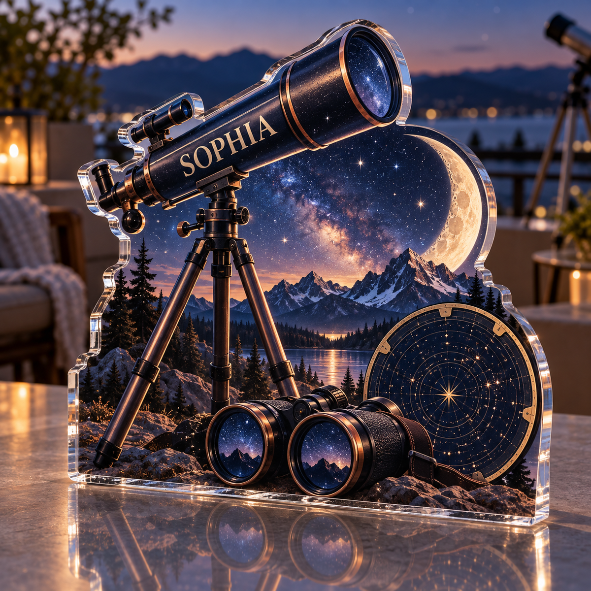 Artwork visualization: Stargazing — beginner encouragement, personalized SOPHIA, subject-shaped acrylic with printed optical 3D depth; not carved relief.