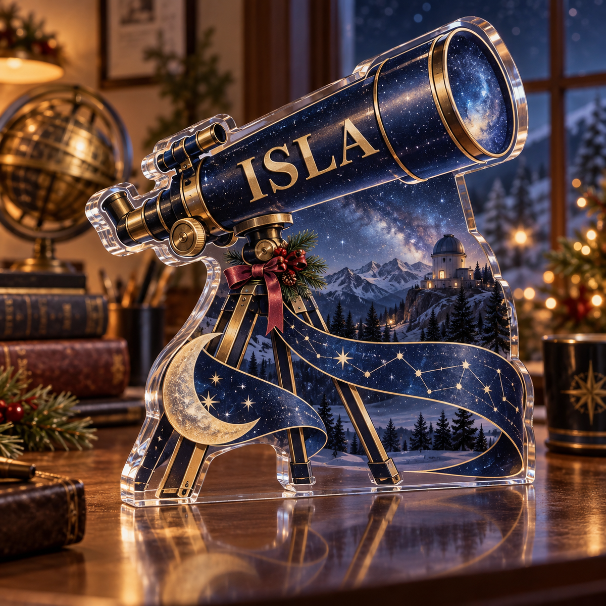 Artwork visualization: Stargazing — mentor appreciation, personalized ISLA, subject-shaped acrylic with printed optical 3D depth; not carved relief.