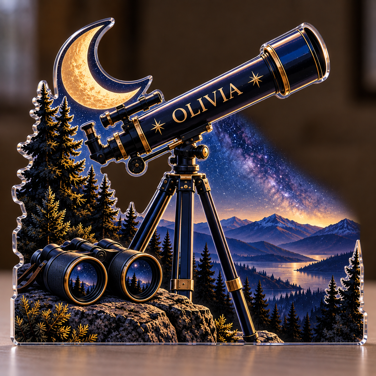 Artwork visualization: Stargazing — retirement hobby gift, personalized OLIVIA, subject-shaped acrylic with printed optical 3D depth; not carved relief.