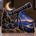Artwork visualization: Stargazing — retirement hobby gift, personalized OLIVIA, subject-shaped acrylic with printed optical 3D depth; not carved relief.