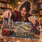 Artwork visualization: Board gaming — studio wall identity, personalized LUNA, subject-shaped acrylic with printed optical 3D depth; not carved relief.
