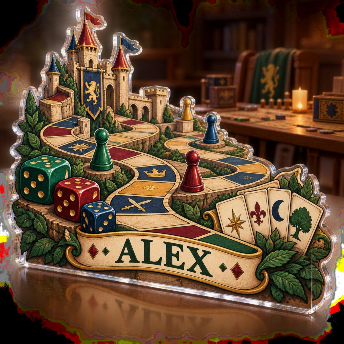 Personalized Board Gaming Creative Desk Setup custom shape acrylic plaque with an example name set into the artwork, digital preview