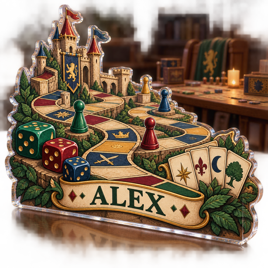Artwork visualization: Board gaming — creative desk setup, personalized ALEX, subject-shaped acrylic with printed optical 3D depth; not carved relief.