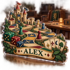 Artwork visualization: Board gaming — creative desk setup, personalized ALEX, subject-shaped acrylic with printed optical 3D depth; not carved relief.