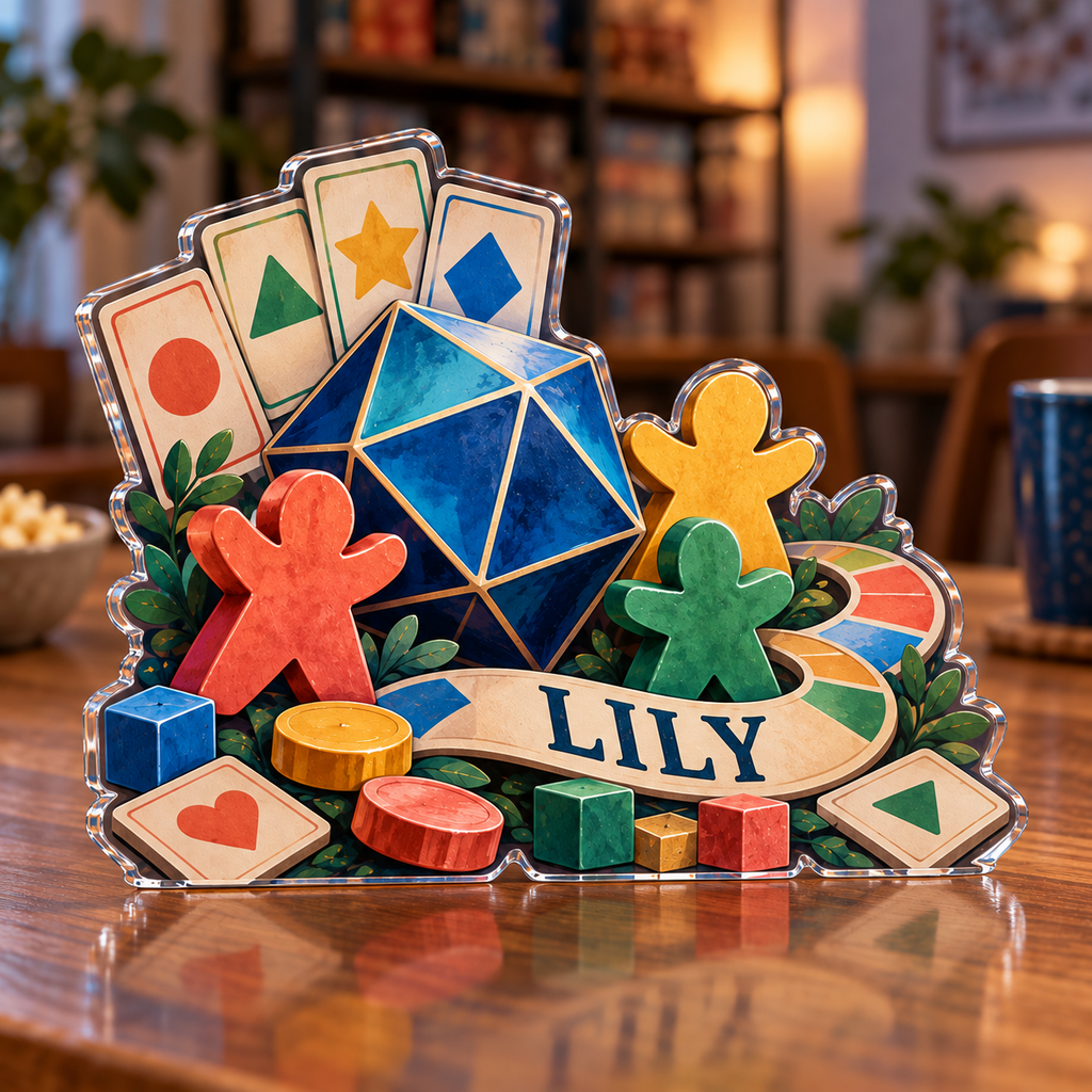 Artwork visualization: Board gaming — beginner encouragement, personalized LILY, subject-shaped acrylic with printed optical 3D depth; not carved relief.