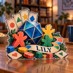 Artwork visualization: Board gaming — beginner encouragement, personalized LILY, subject-shaped acrylic with printed optical 3D depth; not carved relief.